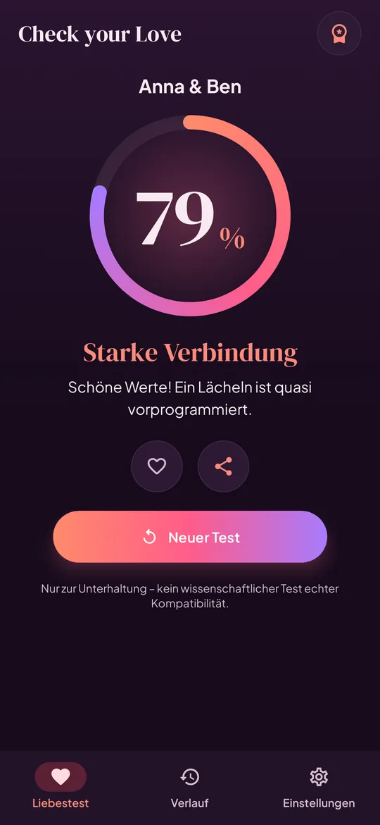 App-Ansicht: Ergebnis 79 % für Anna und Ben