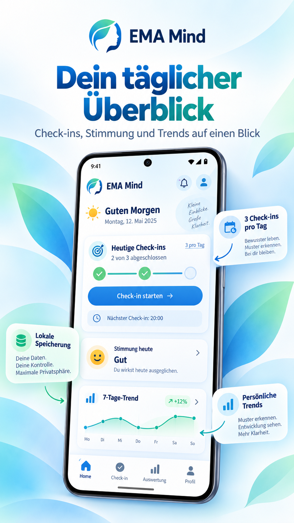 EMA Mind Startseite mit täglichen Check-ins und Stimmungstrend
