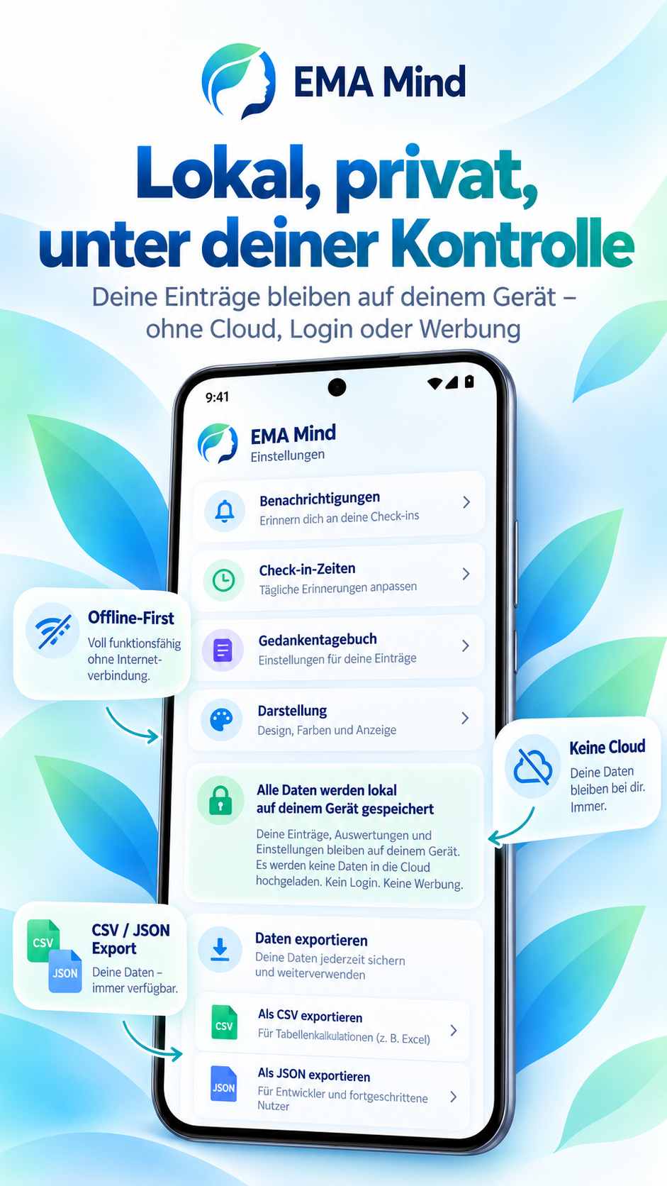 EMA Mind Einstellungen und lokale Datenspeicherung